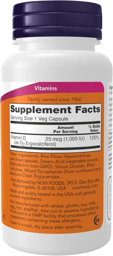 Vista 2 de NOW Suplementos, Vitamina D 1,000 UI Seca, Alta Potencia, Huesos Fuertes*, Soporte Estructural*, 120 Cápsulas Vegetales