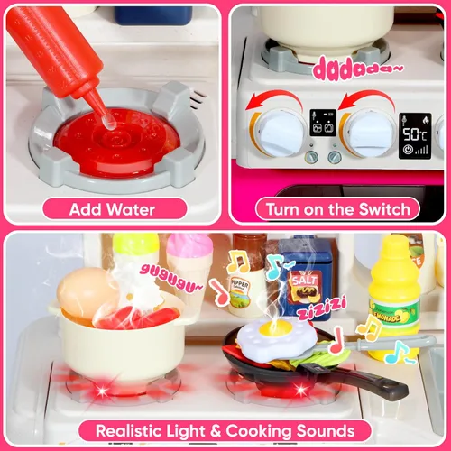 Vista 5 de Juego de cocina para niños, cocina de juego de 36.22 pulgadas para niños pequeños de 1 a 3 años con vapor, sonido y luz, estufa de cocina