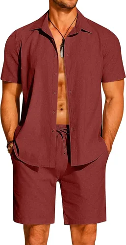 Vista 9 de COOFANDY Conjunto de 2 piezas de algodón y lino para hombre, camisas de manga corta con botones, pantalones cortos de playa de verano, trajes