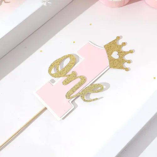 Vista 9 de Una decoración para tartas para bebés, rosa y dorado para el primer cumpleaños, accesorios para el primer cumpleaños