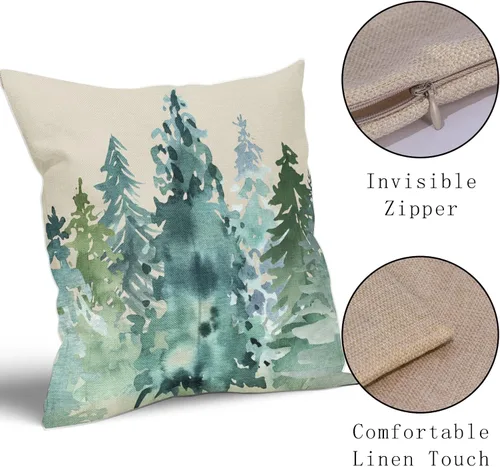 Vista 4 de Juego de 2 fundas de almohada de árbol de acuarela de invierno de 16 x 16 pulgadas, color azul y verde, estilo rústico, estampado de bosque natural