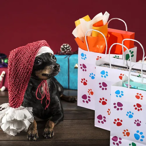Vista 3 de Clabby 24 bolsas de regalo de papel con diseño de pata de perro, bolsa de papel con asas, recuerdos de fiesta de cachorros para gatos y mascotas