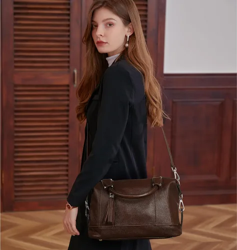 Vista 2 de Heshe - Bolsa de hombro de piel para mujer, con asa superior, bolsa cruzada