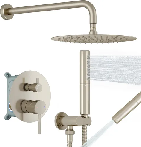 Vista 12 de BESy Sistema de ducha con cabezal de ducha de lluvia redondo de 10 pulgadas y montaje en pared de mano, juego combinado de grifo de ducha de lluvia