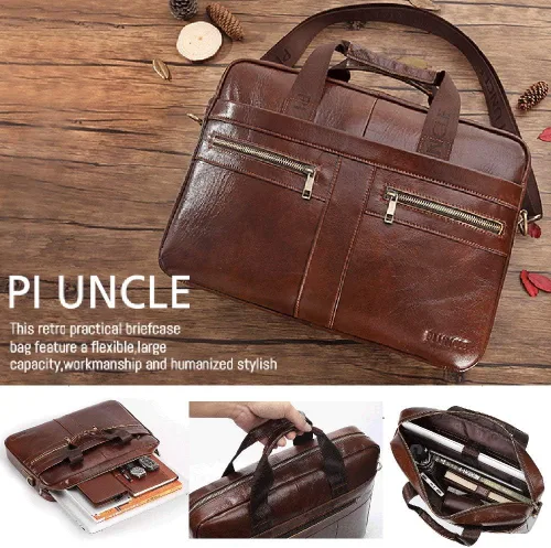 Vista 5 de CocoBotton Maletín de cuero para hombre, bolso para computadora portátil, bolso de mensajero de cuero genuino impermeable vintage