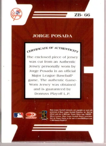 Vista 2 de Jorge Posada Card 2005 Zenith Z-Jerseys #66