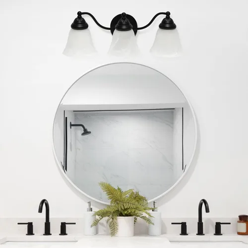 Vista 5 de Simple Designs VT1023-BLK 19.25 pulgadas clásicas 3 luces de metal y mármol esmerilado blanco con forma de campana de vidrio con forma de campana