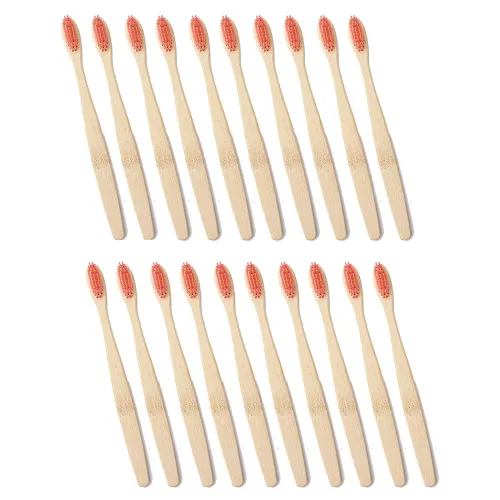 Vista 9 de Magik 10-20 cepillos de dientes de bambú 100% natural orgánico cerdas medianas sin BPA (paquete de 10, rojo)
