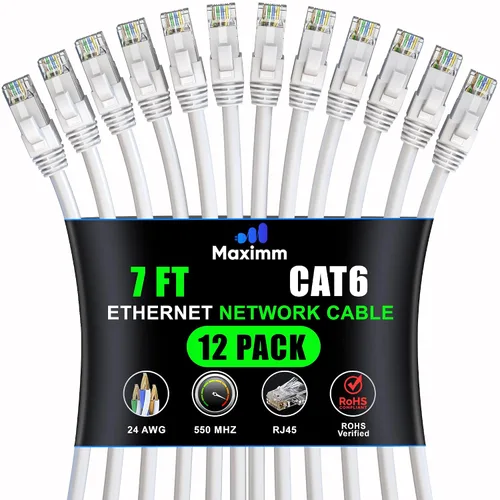 Vista 80 de Maximm Cable Ethernet Cat6 de 7 pies, 10 Gbps 550 MHz, negro, paquete de 12