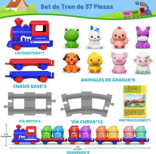 Vista 6 de Juguetes de aprendizaje para niños de 1, 2, 3 años, juego de tren de granja eléctrico para niñas de 2 a 4 años, juguete de tren Montessori