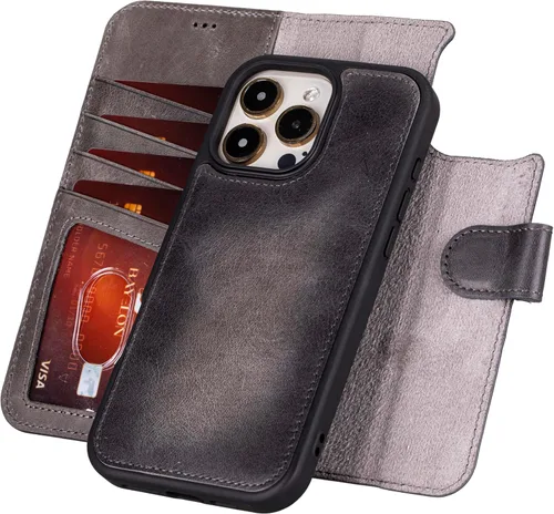 Vista 45 de Bayelon Funda tipo cartera para iPhone 15 Pro, cartera de cuero de grano completo, funda magnética desmontable, tarjetero, funda tipo cartera