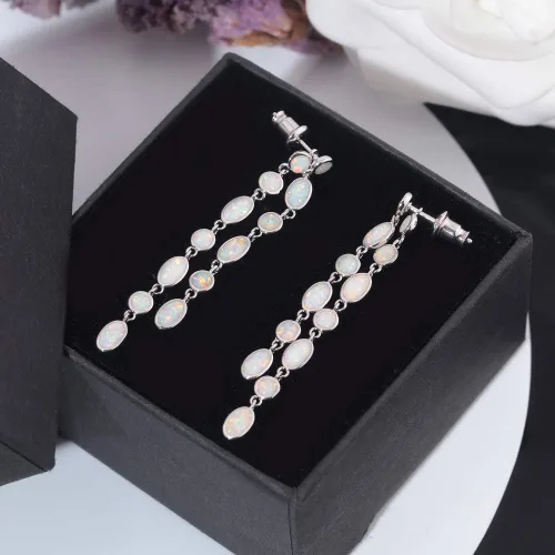 Vista 5 de CiNily Aretes colgantes chapados en oro blanco de 18 quilates con ópalo Sutd para mujer, aretes colgantes de piedras preciosas de ópalo para regalar
