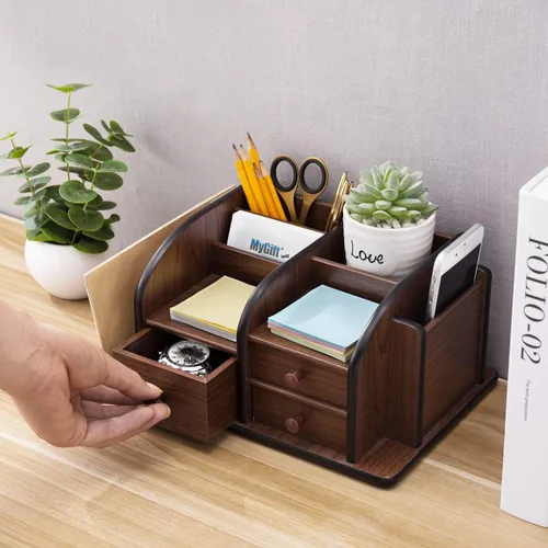 Vista 2 de MyGift organizador de elementos de escritorio y oficina, madera marrón, mueble con 3 gavetas, 3 compartimentos y 2 estantes