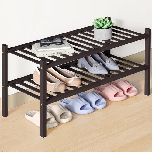 Vista 110 de Smiry Zapatero de bambú para armario, organizador de zapatos de madera de 3 niveles, estante apilable de almacenamiento de zapatos de madera