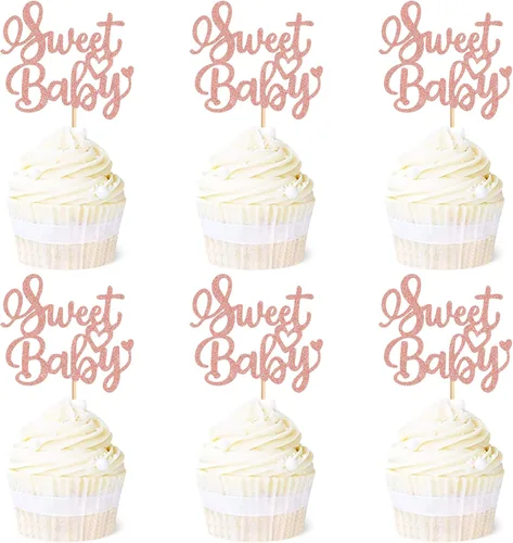 Vista 8 de Ercadio Paquete de 24 adornos para cupcakes y selecciones para baby shower y fiestas infantiles, decoraciones negras con purpurina