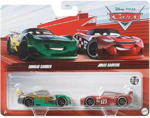 Vista 6 de Disney Cars Mattel 1:55 Diecast - Paquete de 2 unidades de cera brillante de próxima generación Conrad Camber & No Stall Jonas Carvers