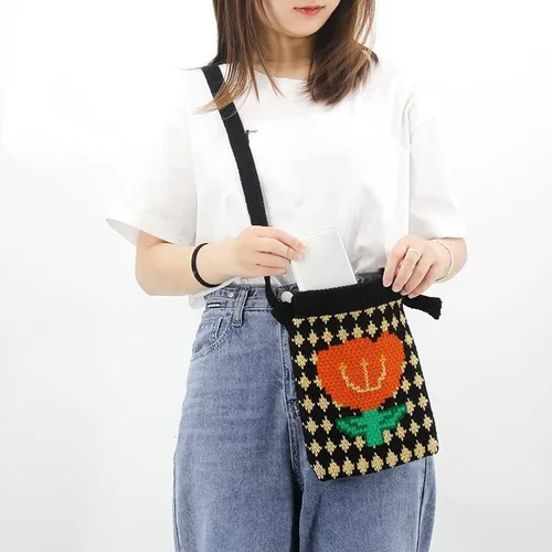 Vista 7 de Bolso bandolera Y2K de punto para mujer, bolso de hombro estilo grunge, bolso de hombro moderno estético para teléfono celular, bolso hobo, Negro