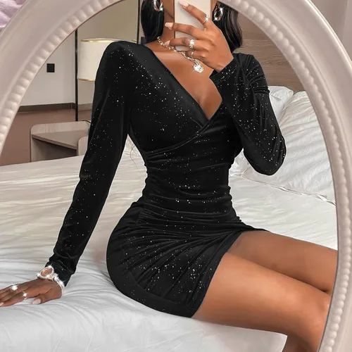 Vista 5 de vunahzma Women's Mini Wrap Dress V Neck Long Sleeve Velvet Bodycon Glitter Ruched Cocktail Party Dresses