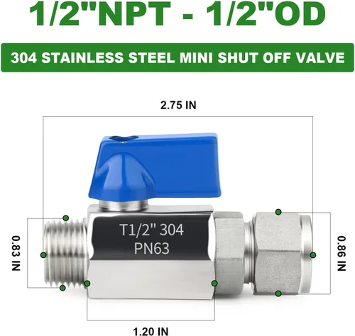 Vista 2 de TAISHER 1PCS 304 de compresión de acero inoxidable mini válvula de bola interruptor de apagado, tubo de 1/2 "OD x 1/2" NPT macho