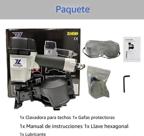 Vista 6 de Zeluga 28-145 Clavadora neumática de bobina para techos de 15 grados con capacidad de carga de 120 piezas. Kit de clavadora de bobina con protección