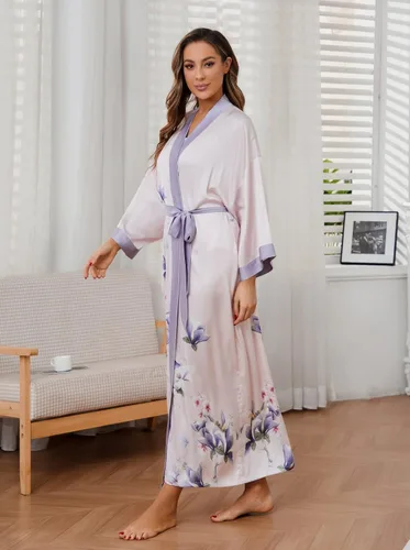 Vista 6 de Bata de baño larga de seda para mujer, ropa de dormir con estampado floral, bata de boda, camisón de satén para dama de honor