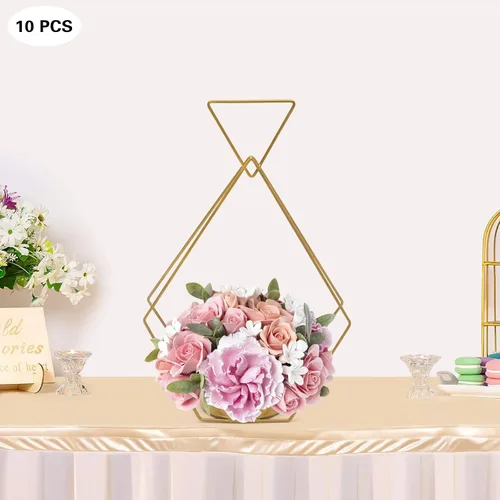 Vista 5 de Jarrones dorados para centros de mesa de boda, 10 piezas de centro de mesa de metal geométrico dorado, elegantes centros de mesa de boda para mesas