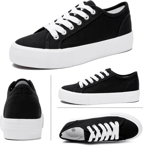 Vista 2 de Tenis de plataforma blanca para mujer zapatos de tenis con plataforma negra zapatos casuales de moda con cordones zapatos planos de lona para caminar