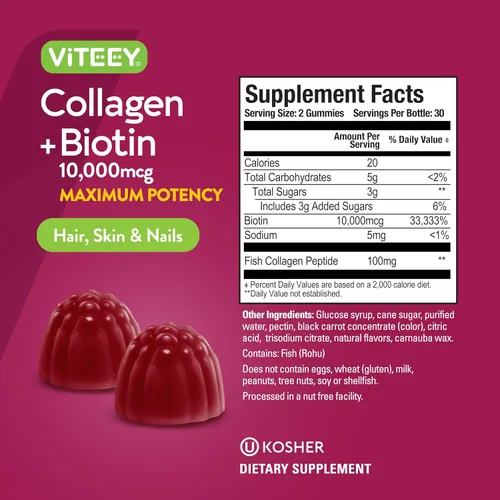 Vista 4 de Viteey - Gomitas de colágeno con gomitas de biotina for Hair Skin and Nails Vitaminas – Suplementos de biotina y colágeno para mujeres y hombres