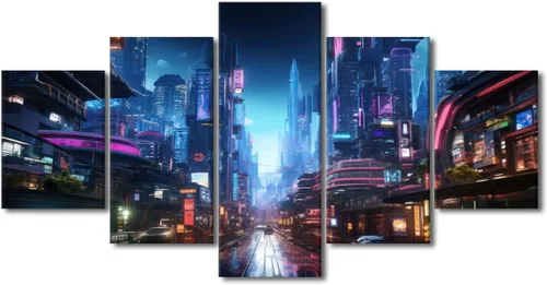 Vista 108 de Póster de 5 paneles en lienzo para decoración de pared, diseño de centro urbano Cyberpunk, impresión moderna, decoración de pared para el hogar