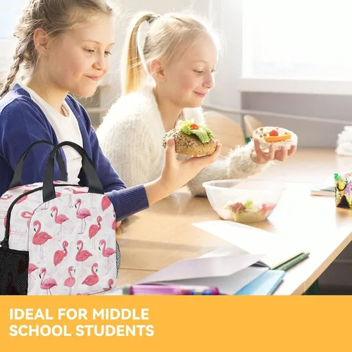 Vista 8 de Lonchera de flamenco para niñas, pequeñas bolsas de almuerzo aisladas, bonita lonchera reutilizable para mujeres, bolsas de almuerzo portátiles
