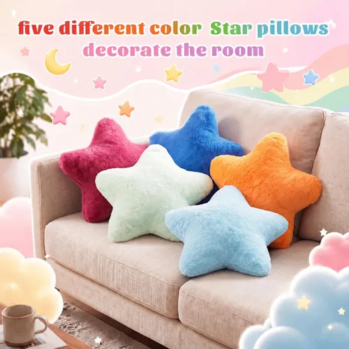 Vista 5 de Soaoo 5 almohadas esponjosas con forma de estrella para niños, decoración estética, suave y preppy lindo cojín para sofá, sala de estar, dormitorio