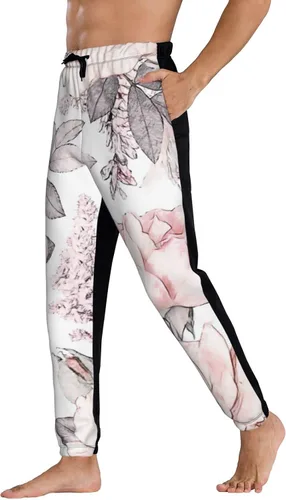 Vista 4 de AUISS Pantalones deportivos con hojas de flores rosas para hombre, pantalones deportivos divertidos, pantalones deportivos casuales de entrenamiento