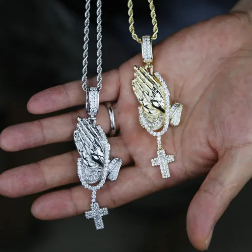 Vista 3 de Joyería de moda - Collar de crucifijo hip hop, colgante de cruz de color dorado con dije de mano para orar para hombre, joyería cúbica de hip hop