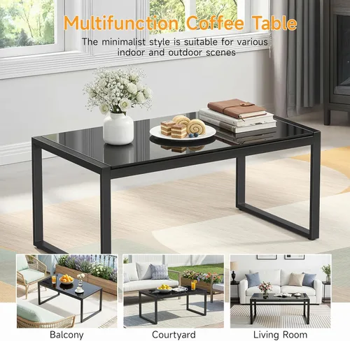 Vista 6 de ONBRILL Mesa de café rectangular con escritorio de vidrio templado, mesa de café para exteriores con marco galvanizado y pies ajustables para patio