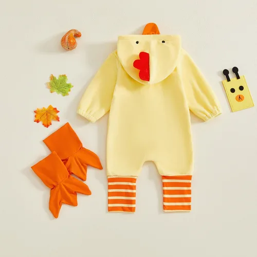 Vista 4 de Mameluco con capucha para bebé, niña, niño, disfraz de pollo de Halloween Amarillo