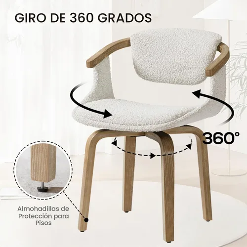 Vista 5 de Zouron Silla de escritorio giratoria sin ruedas, silla de oficina moderna de mediados de siglo, silla de comedor Boucle con patas de madera, silla
