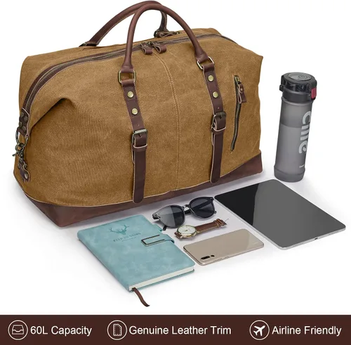 Vista 15 de S-ZONE - Bolsa de viaje de lona sobredimensionada con adornos de cuero genuino, bolsa deportiva de hombro de fin de semana, bolso de fin de semana