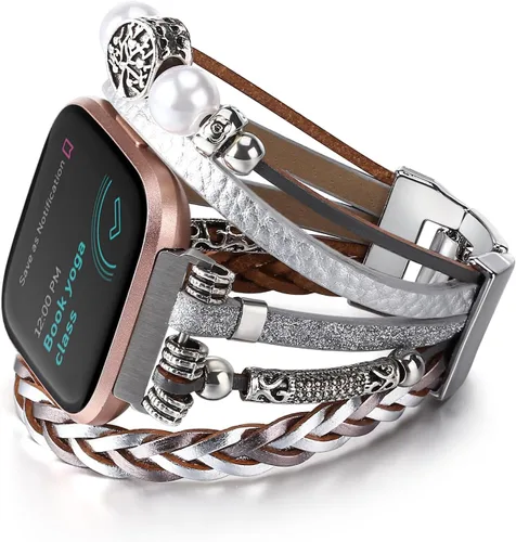 Vista 7 de Pulsera de cuero bohemia compatible con Fitbit Versa 4/Versa 3/Sense/Sense 2 bandas para mujeres y hombres, joyería hecha a mano, correa multicapa