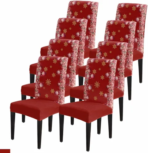 Vista 17 de Savannan - Juego de 4 fundas para sillas de árbol de Navidad, bolas de copos de nieve de color rojo invierno, fundas elásticas para sillas Parsons