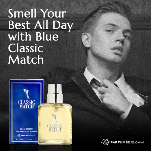 Vista 6 de PB ParfumsBelcam Blue Classic Match Eau de Toilette en espray para hombre, fragancia moderna de cítricos Fougere, notas de melón, musgo y pachulí