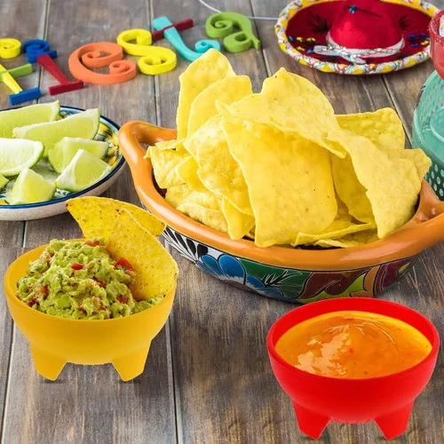 Vista 7 de meekoo Cuencos de salsa mexicanos multicolor de 4.5 pulgadas de diámetro, vajilla mexicana de plástico para tacos, dulces, chips, aperitivos