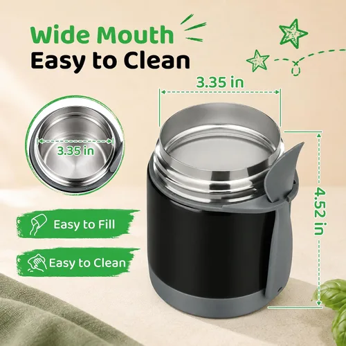 Vista 5 de Termo de sopa de 10 onzas para comida caliente para niños, tarro de comida aislado, contenedor térmico de almuerzo de comida caliente, caja de Negro