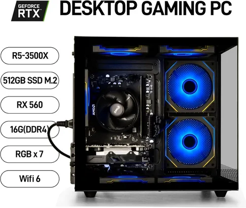 Vista 2 de suevery Prebuilt Desktop Computer Gaming PC Negro PC Memoria DDR4 16G, SSD 512G, AMD Ryzen5 6Cores 3.6G hasta 4.1G, tarjeta gráfica Radeon 4G