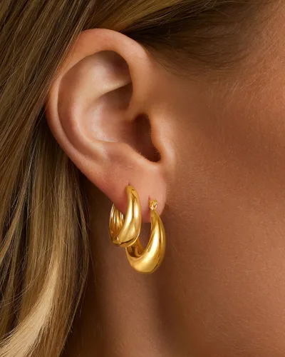 Vista 4 de Juego de 3 pares de aretes de aro gruesos de oroplata para mujer, chapados en oro de 14 quilates, delicados, hipoalergénicos, ligeros, gruesos
