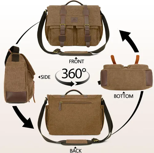 Vista 5 de Bolsa tipo mensajero para hombre, bolsa para laptop de 15.6 pulgadas, bolsa vintage de lona encerada, resistente al agua, maletín de cuero