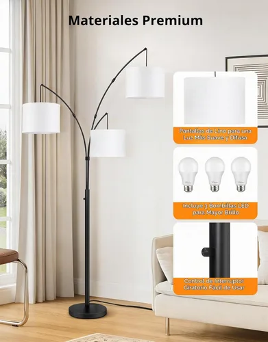 Vista 6 de OUTON Lámpara de pie LED de arco, lámpara de pie alta moderna negra de 3 luces para dormitorio, 2400lm lámparas de esquina de pie ajustables