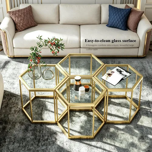 Vista 4 de Mesa auxiliar modular hexagonal, marco chapado en oro, parte superior de vidrio templado, mesa auxiliar geométrica, mesa anidable multiusos