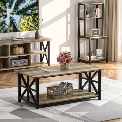 Vista 7 de GreenForest - Mesa de café para sala de estar con esquinas redondas, mesa central estilo granja con estante de almacenamiento de 39 pulgadas, ahorro