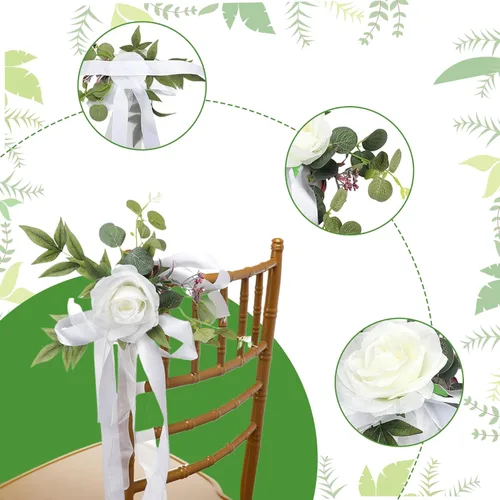Vista 5 de Decoraciones de pasillo de boda, 6 rosas artificiales con cinta para decoración de pasillo de boda, decoración de silla de flores para bodas