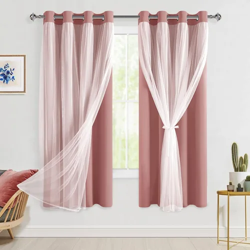 Vista 95 de Hiasan Cortinas opacas con superposición transparente, aislamiento térmico para mezclar y combinar de doble capa, cortinas de oscurecimiento de Beige